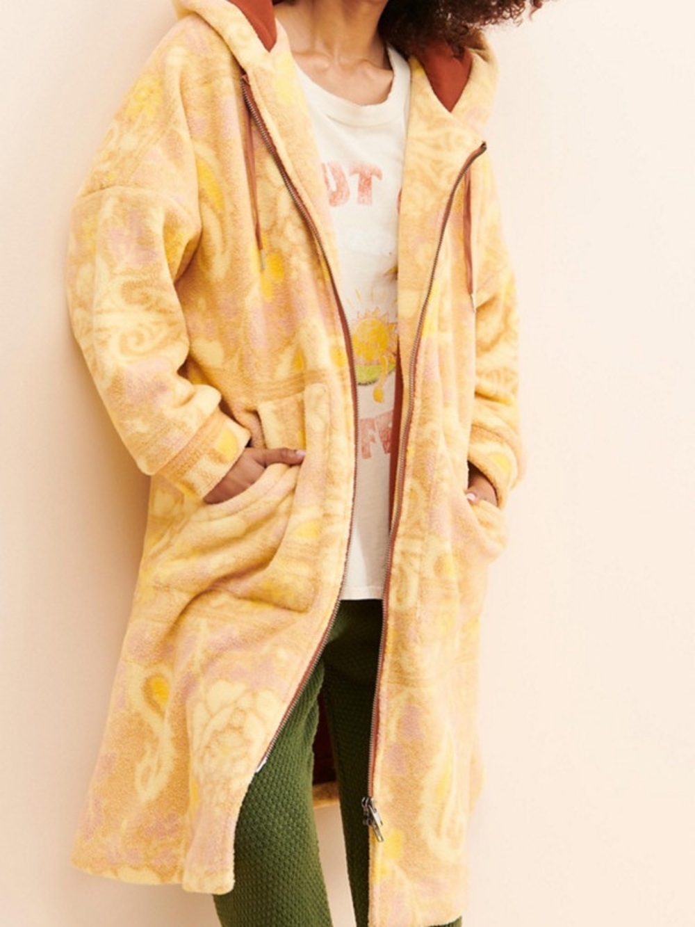 Free People Hooded Sherpa Jacket in Rust and Cream with Yellow Accents